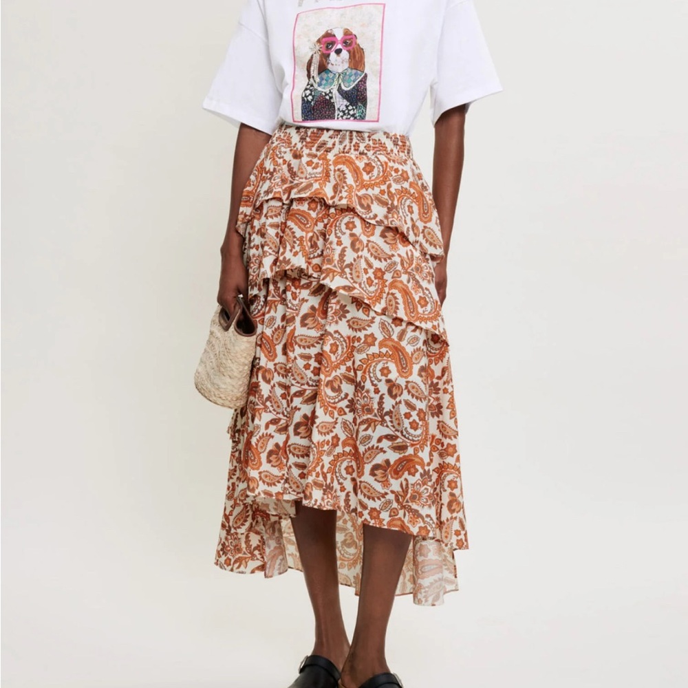 Maje High Low Skirt in Orange and White